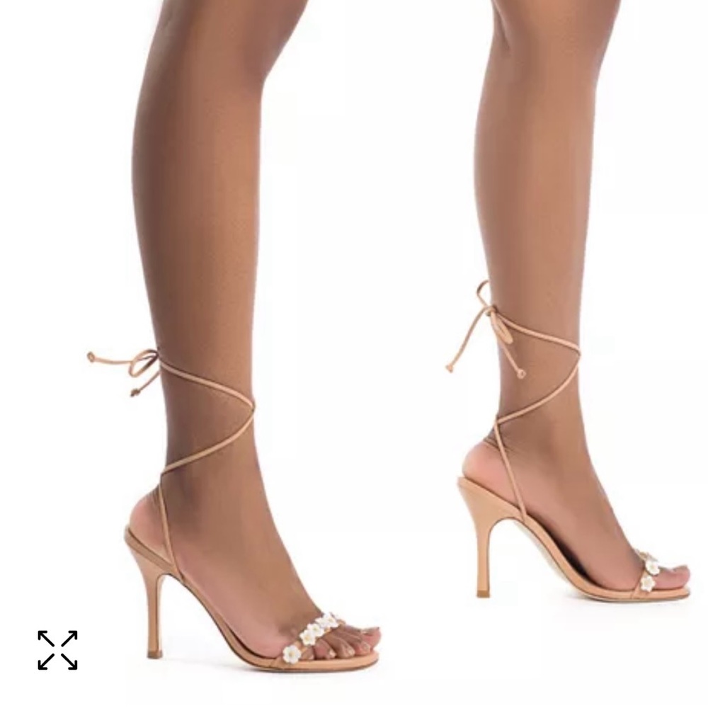 New Larroudé Goldie 95MM Flower Appliqué Tan Leather Lace-Up Heeled Sandals 8.5